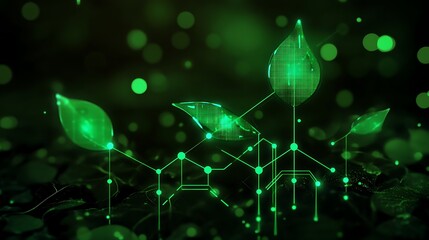 Poster - Green illuminated plant leaves with digital circuitry network connection displayed