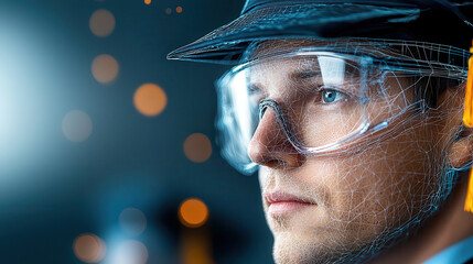 Leinwandbilder - man wearing safety glasses and hard hat is illuminated by digital light, creating futuristic and innovative atmosphere. wireframe overlay suggests blend of technology and human presence