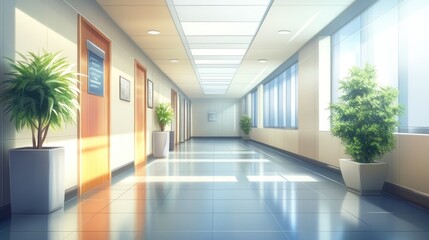 Poster - Bright and spacious hallway in a modern building with plants and doors