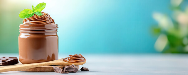 Aufkleber - Rich cocoa spread with glossy swirl in jar, accompanied by wooden spoon and chocolate pieces, set against vibrant background
