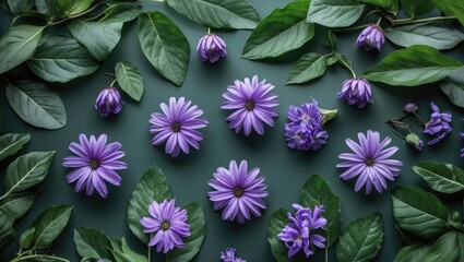 Poster - Purple flowers and green leaves arranged on a dark green surface in a flat lay composition