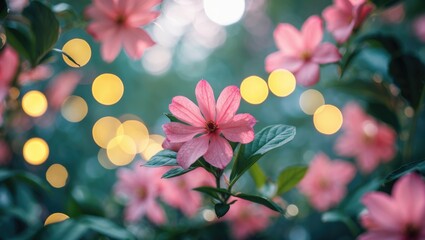 Poster - Pink flowers with soft bokeh background in garden setting, nature floral scene with blurred greenery and light spots.