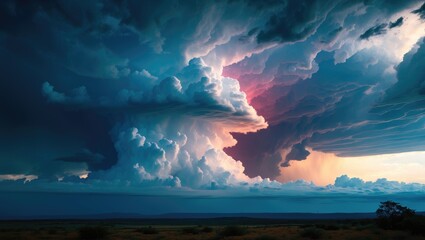 Wall Mural - Dramatic storm clouds at sunset with vibrant colors and deep shadows over an open landscape in evening light