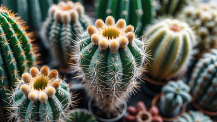 Poster - cacti collection with various shapes and sizes featuring spines and blooms in vibrant green and yell