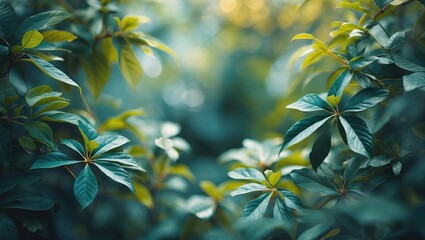 Poster - Green leaves with soft focus in a lush natural background depicting a tranquil plant environment in sunlight conditions.