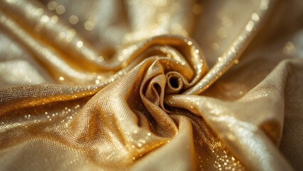 Poster - golden shimmering fabric close-up texture with soft folds and sparkles in natural light