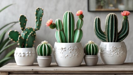 Poster - Variety of indoor potted cacti with colorful flowers displayed on wooden table against a neutral background