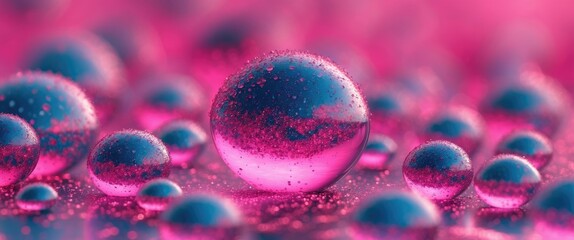 Poster - close-up of colorful water droplets on surface with pink and blue hues creating a blurred background