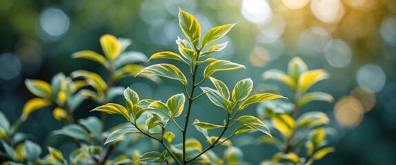 Poster - close-up of green leaves on a branch with soft bokeh background and warm sunlight creating a tranquil natural atmosphere