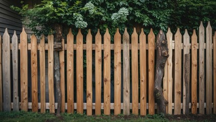 Poster - wooden fence with alternating light and dark wooden planks surrounded by greenery and plants in a residential area