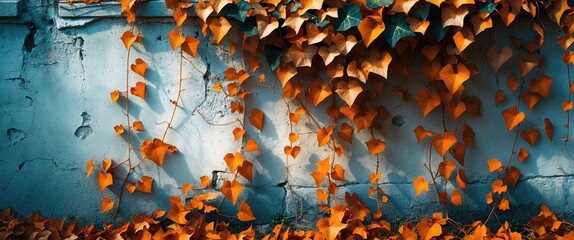 Poster - Ivy leaves climbing on a blue wall with orange foliage covering the ground creating a contrasting natural texture background.