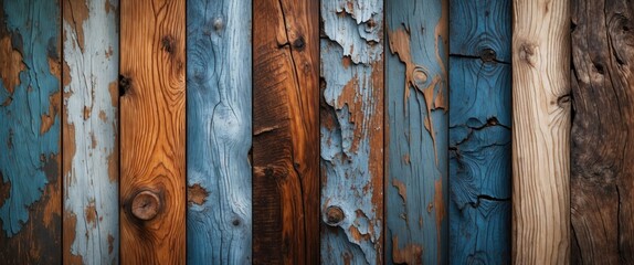 Poster - textured wooden planks in various colors with peeling paint arranged in a vertical pattern for backg