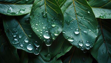 Poster - Close-up of wet green leaves with water droplets showcasing natural texture and details in a dark background