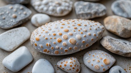 Poster - Variety of textured pebbles and stones with unique patterns of white and orange dots arranged on a flat surface