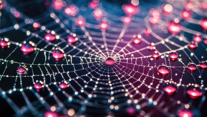 Poster - Close-up of a spider web with water droplets reflecting light in various colors against a dark background