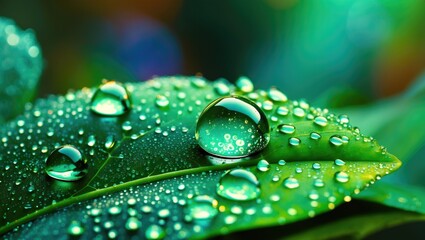 Poster - Close-up of water droplets on green leaves with blurred background and vibrant colors