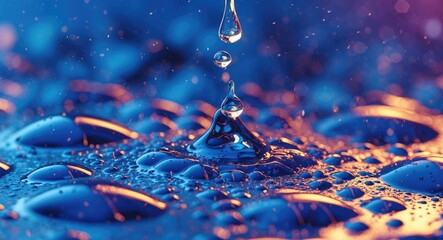 Poster - Macro photography of water droplets on reflective surface with colorful light reflections and blurred background