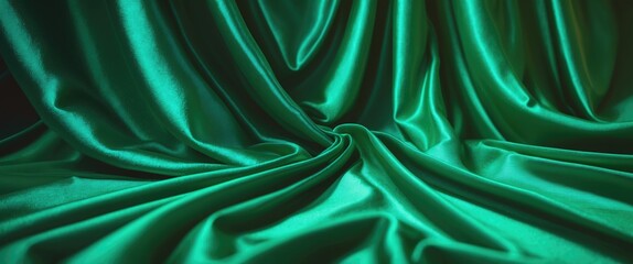Poster - Green satin fabric texture with soft waves and drapes creating a fluid and luxurious appearance in natural lighting