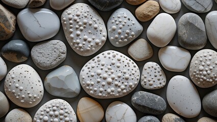 Poster - colorful pebbles and stones with varied textures and patterns arranged on a flat surface for natural
