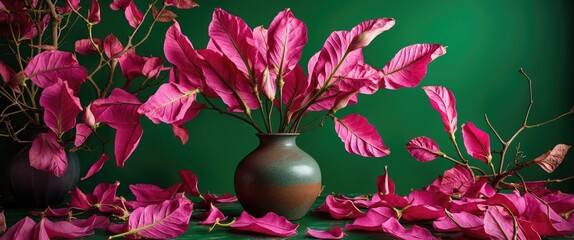 Poster - Pink foliage in vase with scattered leaves on green background showcasing natural arrangement and contrasting colors in still life composition