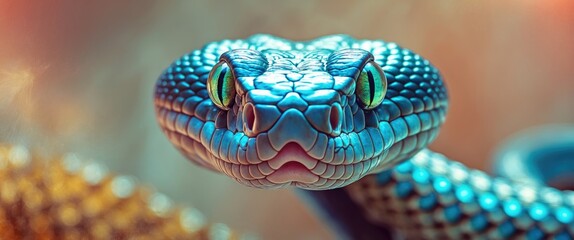 Poster - Vibrant close-up of a blue and green snake displaying intricate scales and captivating eyes with a blurred background