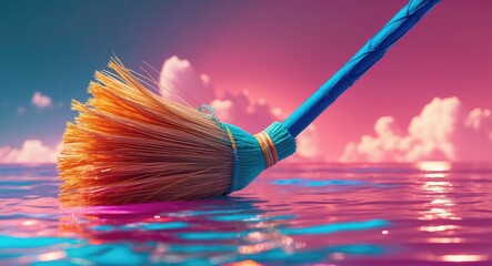 Poster - Broom with vivid blue handle resting on calm water surface reflecting colorful sky during sunset