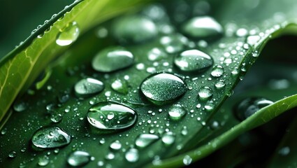 Poster - close-up of green leaves with water droplets glistening in natural light showcasing textures and det