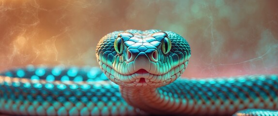 Poster - Close-up portrait of a brightly colored snake with intricate scales and striking eyes on a blurred colorful background