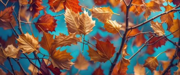 Poster - Autumn leaves in vibrant orange and yellow colors against a blue background showcasing seasonal foliage and natural beauty