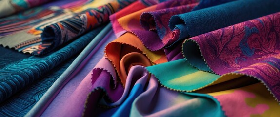 Poster - Colorful patterned fabric textures arranged in layers showcasing a variety of designs and colors suitable for textile background use
