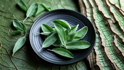 Poster - Fresh green leaves on a black plate surrounded by textured brown leaves creating a natural and organic arrangement.