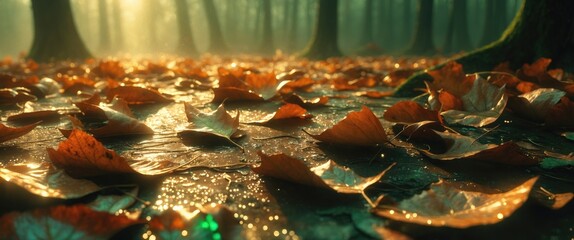 Poster - Autumn leaves on wet ground with sunlight filtering through forest trees creating a peaceful woodland atmosphere
