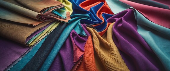 Poster - Assorted colorful fabric swatches arranged in a circular pattern showcasing various textures and hues on a flat surface