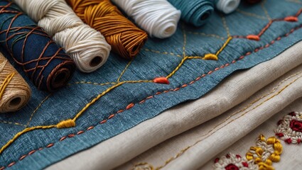 Poster - Assorted color threads arranged atop embroidered fabrics with decorative stitching detail and textured background.