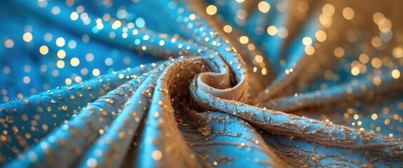 Poster - Close-up of luxurious fabric with shimmering golden embroidery on blue background featuring soft folds and bokeh effect in muted light