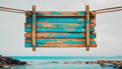 Wall Mural - Weathered wooden sign hanging over a tranquil seascape with turquoise water and rocky shoreline in soft natural light