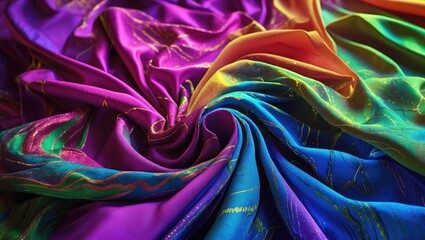 Poster - Colorful flowing silk fabric draped in folds showcasing vibrant shades of purple blue and rainbow patterns illuminated by soft light