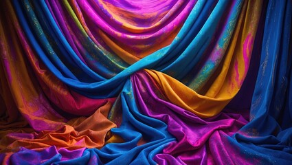 Poster - Colorful draped fabric with vibrant hues of blue, purple, pink and orange creating a rich textile background texture