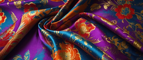 Poster - Vibrant floral patterned silk fabric in rich colors of blue, purple, red, and gold with intricate designs draped elegantly