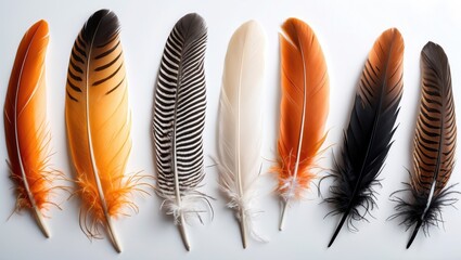 Poster - Colorful decorative feathers arranged in a line on a white background showcasing various textures and patterns in orange, black, and white