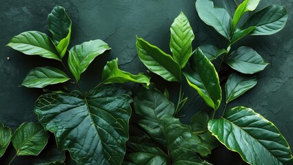 Poster - Fresh green tropical leaves on dark textured background creating a natural foliage arrangement in shadow and light.