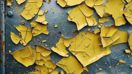 Wall Mural - Close-up of textured old metal surface with peeling yellow paint revealing rusted substrate beneath