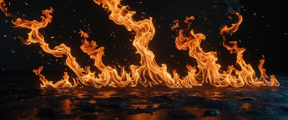 Poster - Realistic flames on a dark background creating a dynamic and vibrant fire effect with bright orange and yellow hues