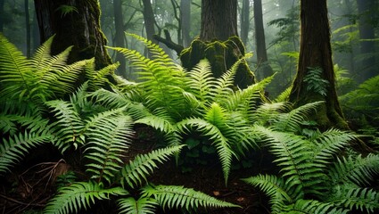 Poster - Lush green ferns covering forest floor with towering trees and mist in a dense woodland environment