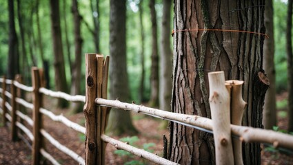 Poster - wooden fence along a path in a green forest with tall trees and soft natural lighting