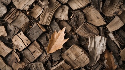 Poster - wooden texture background with assorted pieces of bark and a single dried leaf on the surface
