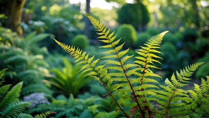 Poster - Vibrant green fern leaves in a lush garden setting with soft focus background of dense foliage and plants