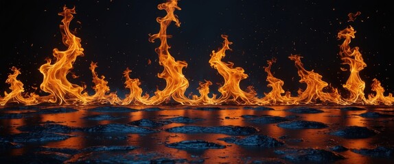 Poster - Flames rising from a dark surface creating a dramatic contrast with glowing orange and yellow fire against a deep blue background