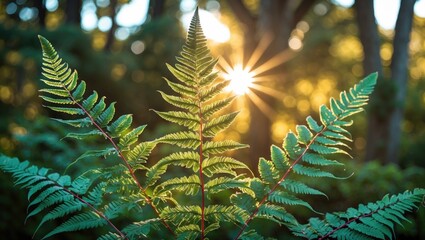Poster - Fern leaves illuminated by sunlight in a forest setting with a blurred background and a bokeh effect of sunlight rays.