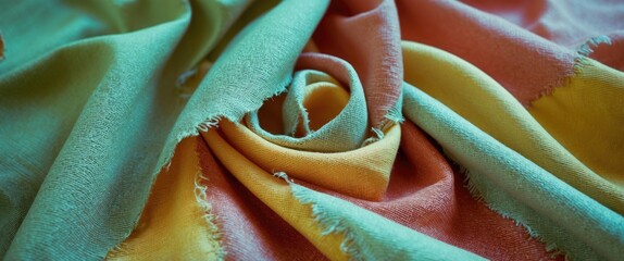 Poster - Colorful fabric texture with soft folds and frayed edges in pastel shades of green, yellow and coral arranged in a spiral pattern